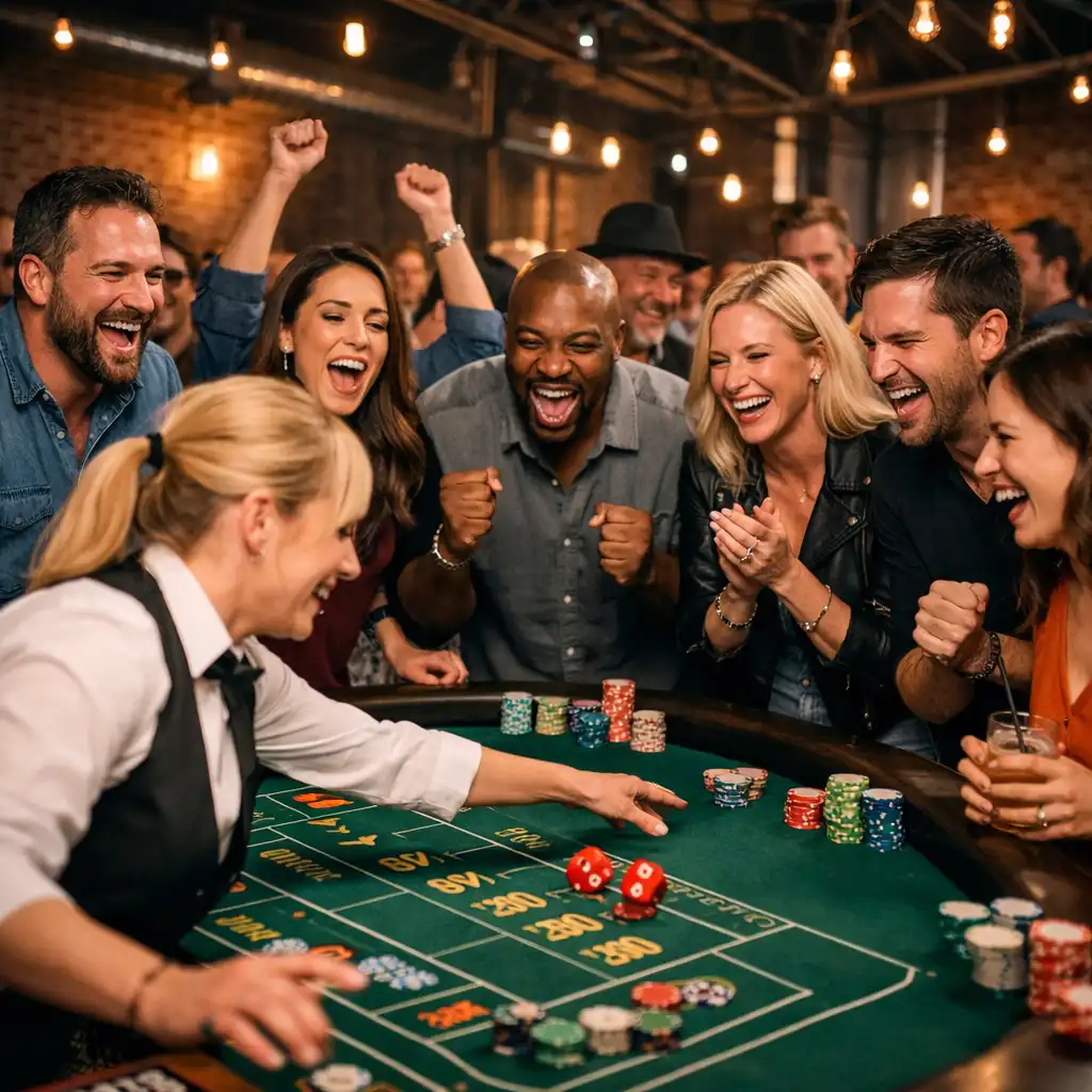 Tłum gości bawiących się przy stołach casino podczas eventu firmowego