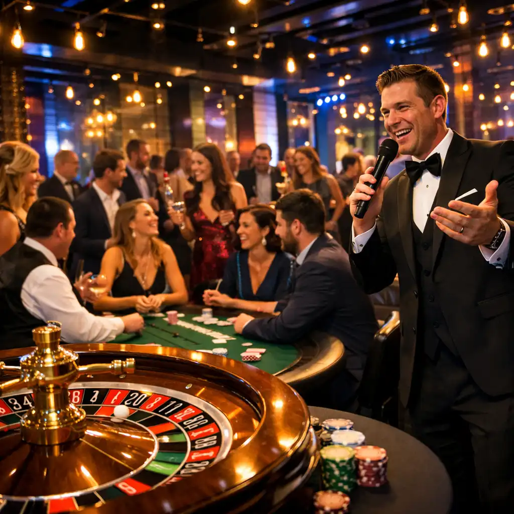 Mobilne casino w trakcie eventu firmowego z ruletką, blackjackiem i prowadzącym angażującym gości