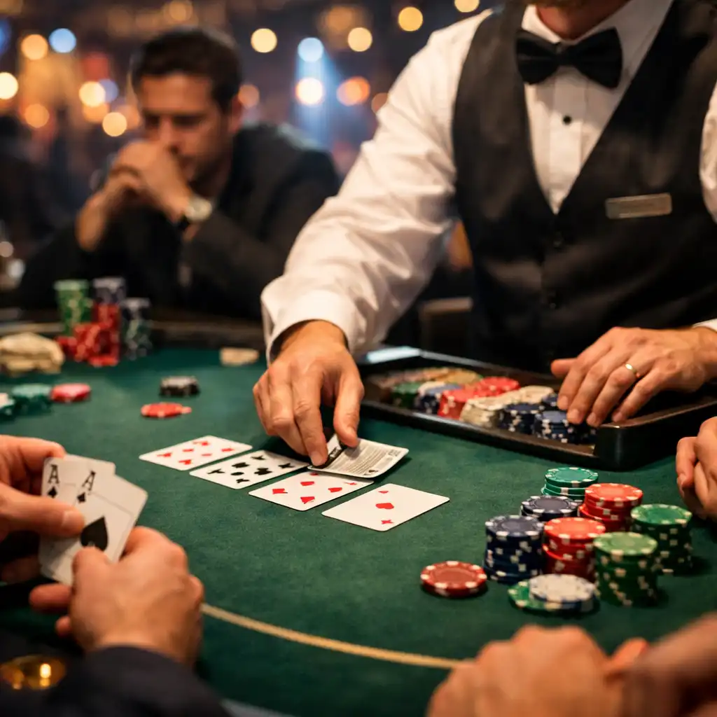 Stół pokerowy w trakcie gry z zaangażowanymi uczestnikami